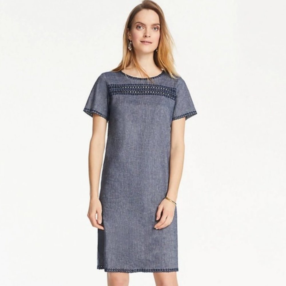 Ann Taylor Blue Chambray Shift Dress Size 4 Embroidered Eyelet Linen Cotton Boho